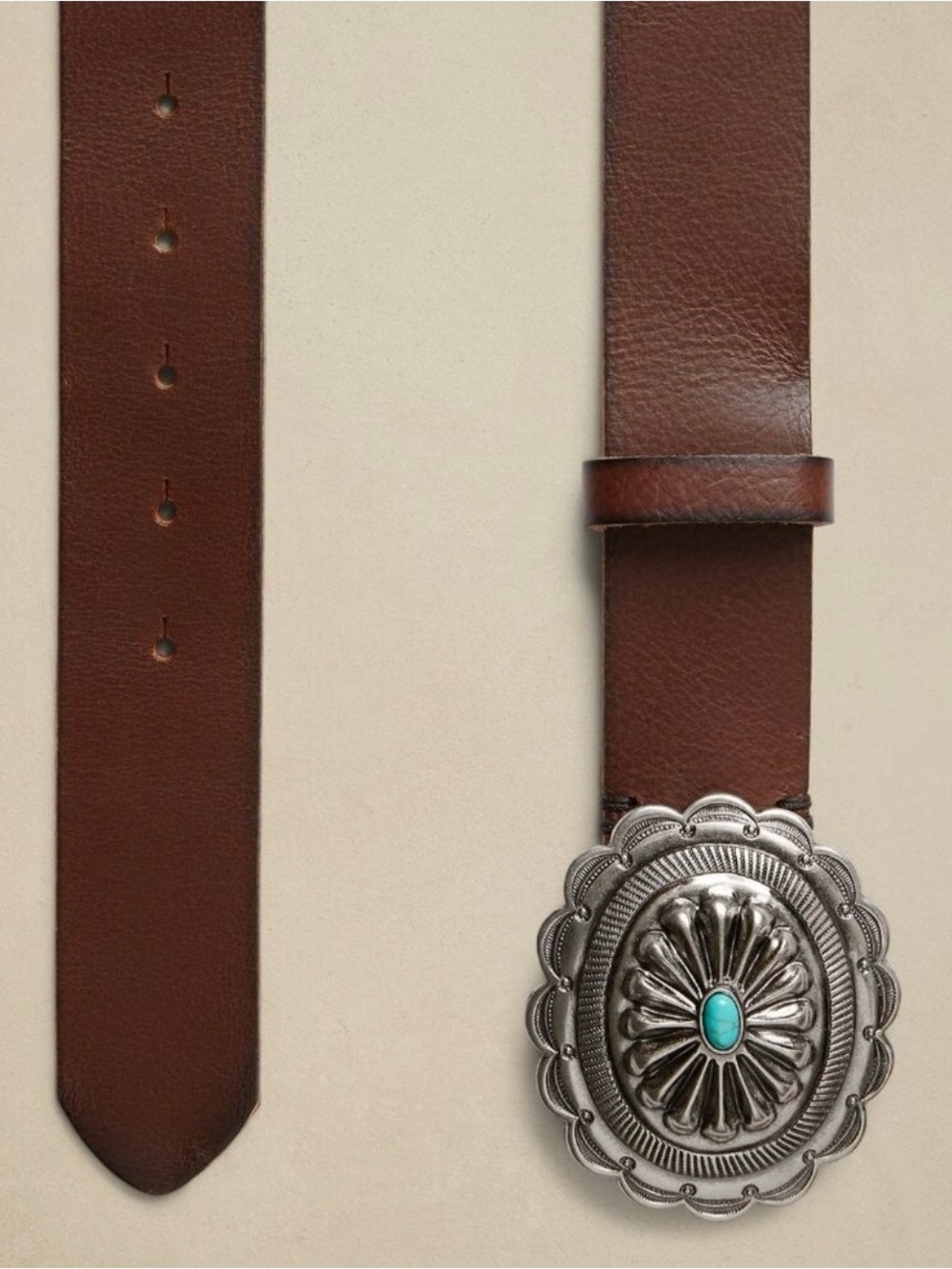 Banana Republic Brown Leather Belt with Silver Turquoise Concho Buckle